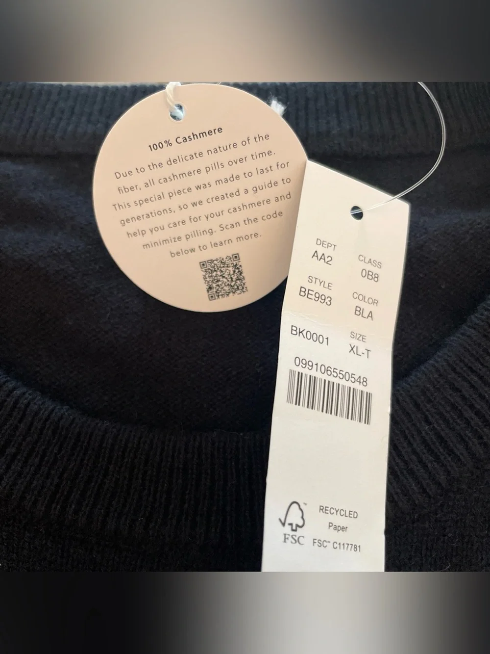 NWT J. CREW Cashmere Crewneck Sweater Black Men’s Size XL-T $158 Preppy